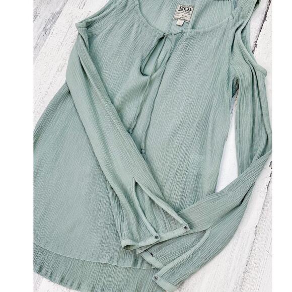 Go> by Gosilk Light Teal Cold Shoulder Washable Silk Peasant Top - Picture 7 of 7
